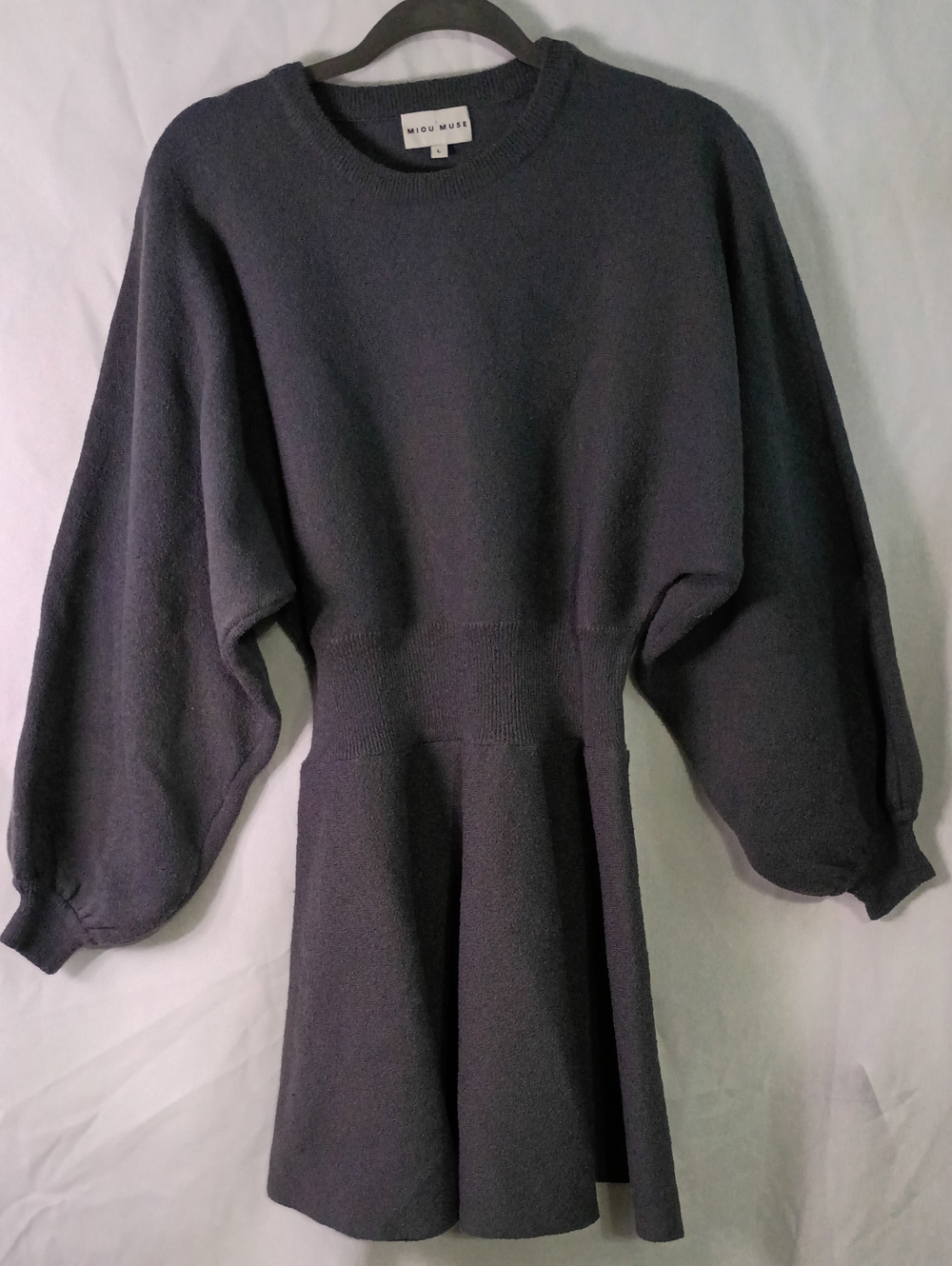 Miou Muse Gray Boucle Knit Sweater Dress Smocked Waist Dolman Sleeve Medium